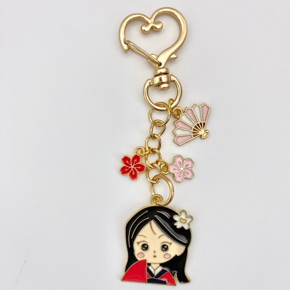 Mulan inspired petite Purse Charm Keychain with heart clasp and cherry blossoms - Picture 8 of 10
